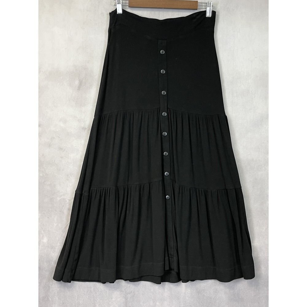 Tiered Button Front Maxi Skirt Size S Black Ribbed Stretchy Grunge Dark Cottage